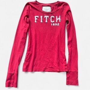 Abercrombie & Fitch 2000s Red Long Fitted Distressed ‘Fitch’ Shirt •Size S⚠️